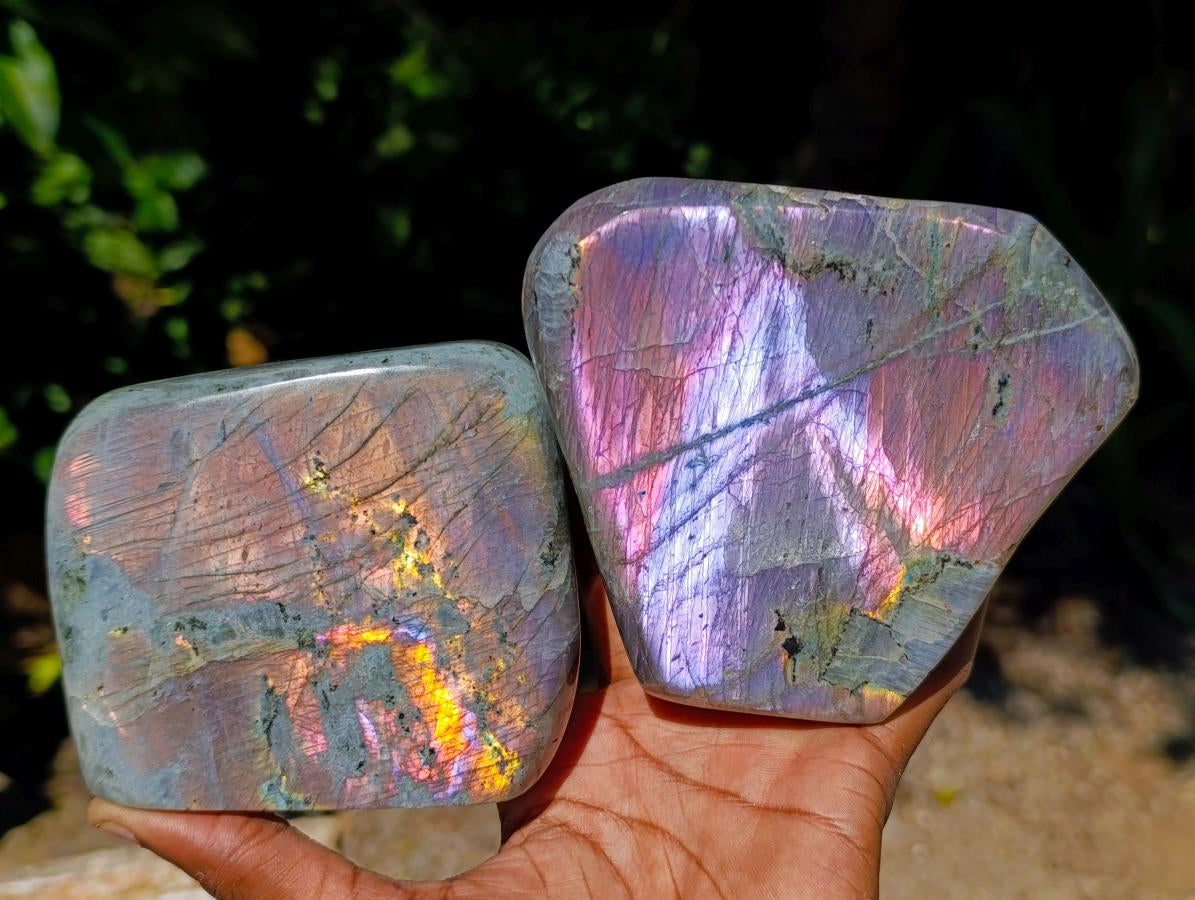 Polished Rare Purple Sunset Flash Labradorite Standing Free Forms x 2 From Madagascar - Toprock Gemstones and Minerals 