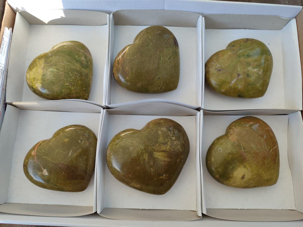 Polished Green Opal Hearts x 6 From Betroka, Madagascar - Toprock Gemstones and Minerals 
