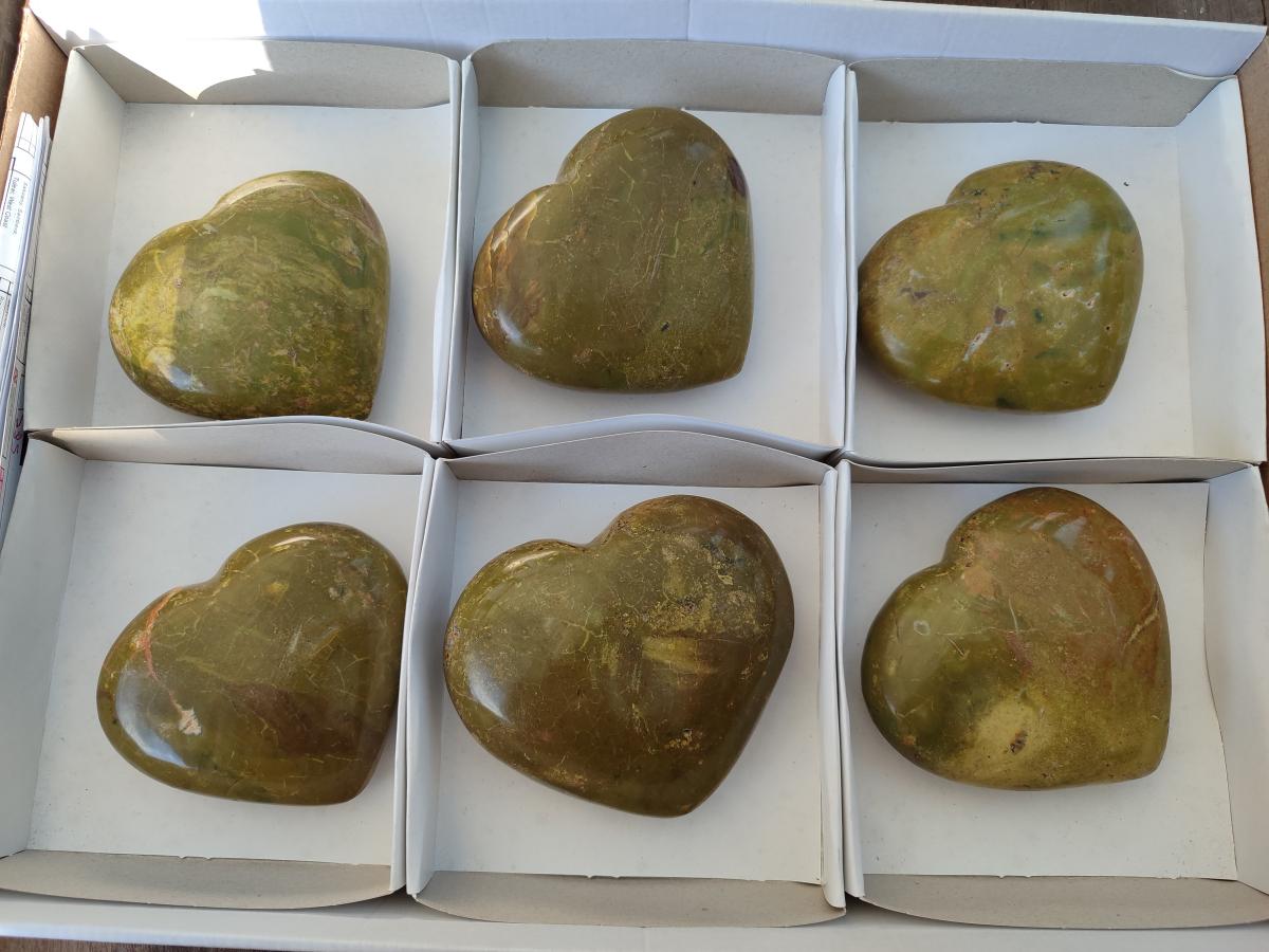 Polished Green Opal Hearts x 6 From Betroka, Madagascar - Toprock Gemstones and Minerals 