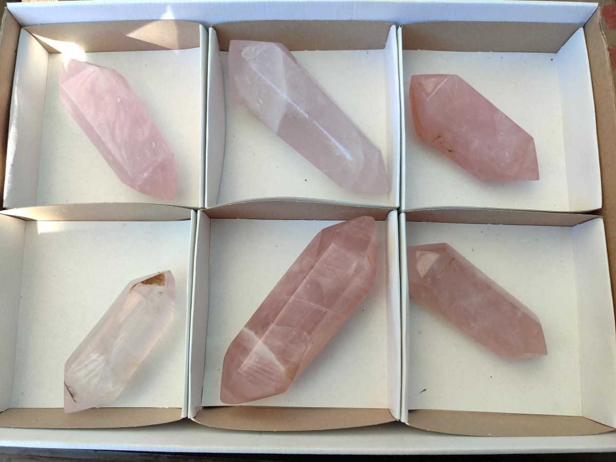 Polished Double Terminated Gemmy Rose Quartz Crystals x 6 From Madagascar - Toprock Gemstones and Minerals 