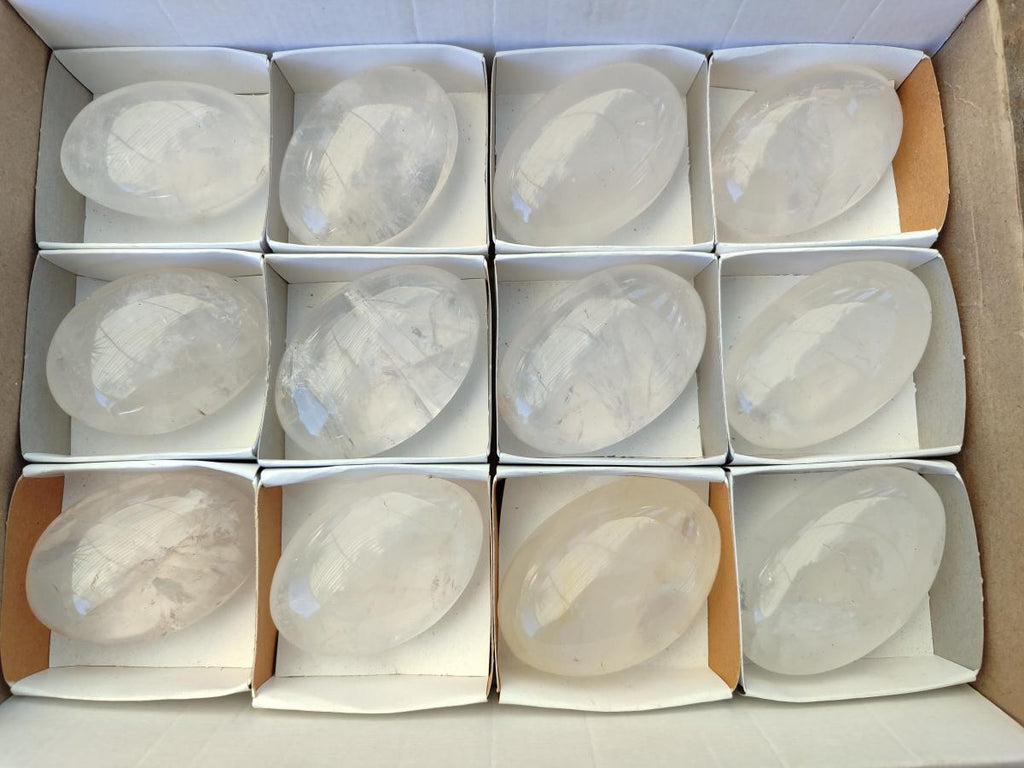Polished Girasol Pearl Quartz Palm Stones x 12 From Ambatondrazaka, Madagascar - Toprock Gemstones and Minerals 