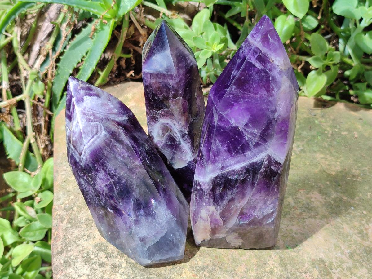 Polished Chevron Amethyst Crystals x 3 From Zambia - Toprock Gemstones and Minerals 