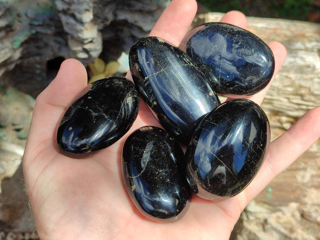 Polished Black Tourmaline Galets x 24 From Madagascar - Toprock Gemstones and Minerals 