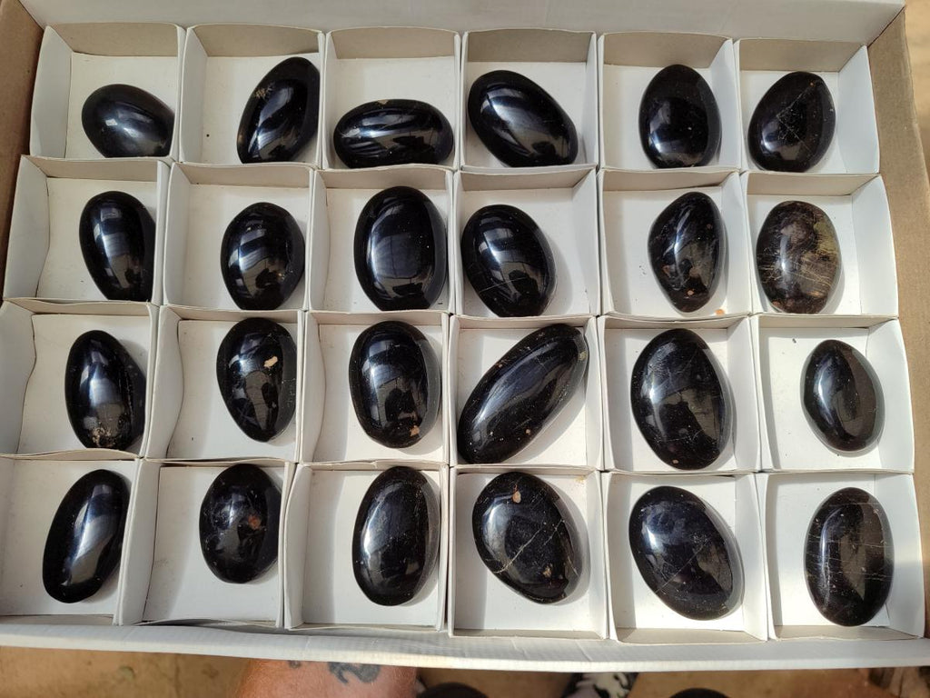 Polished Black Tourmaline Galets x 24 From Madagascar - Toprock Gemstones and Minerals 