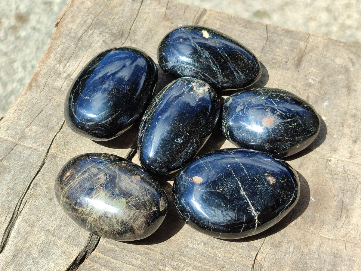Polished Black Tourmaline Galets x 24 From Madagascar - Toprock Gemstones and Minerals 
