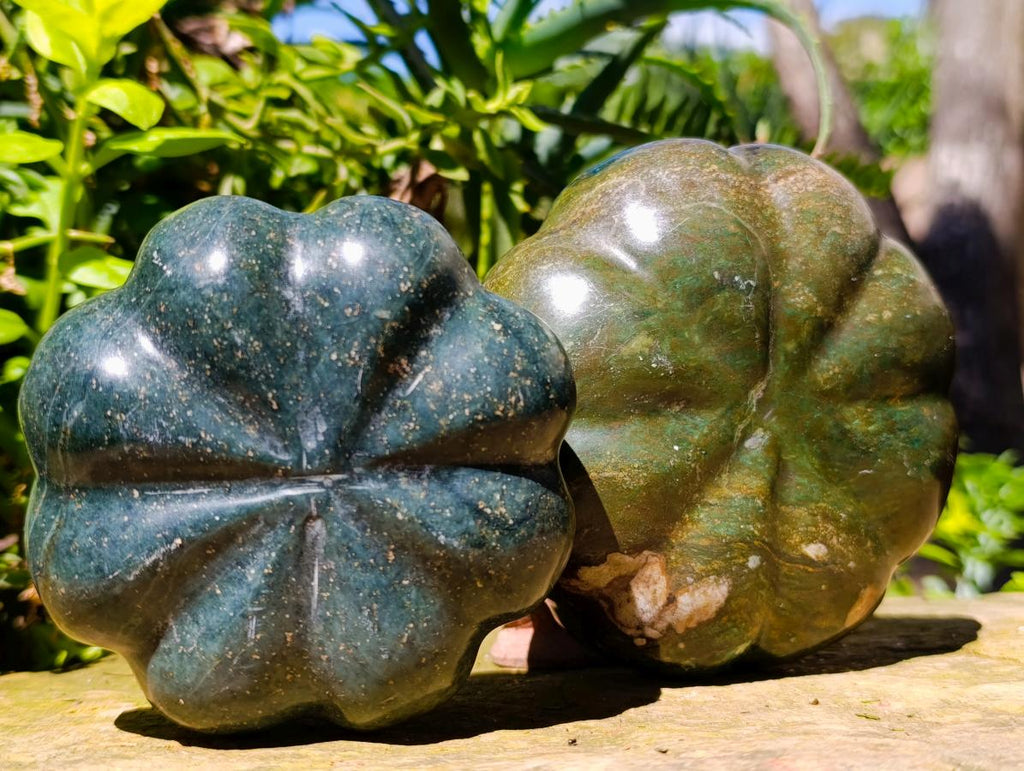 Hand Made Verdite Pumpkins Carvings x 2 From Zimbabwe - Toprock Gemstones and Minerals 