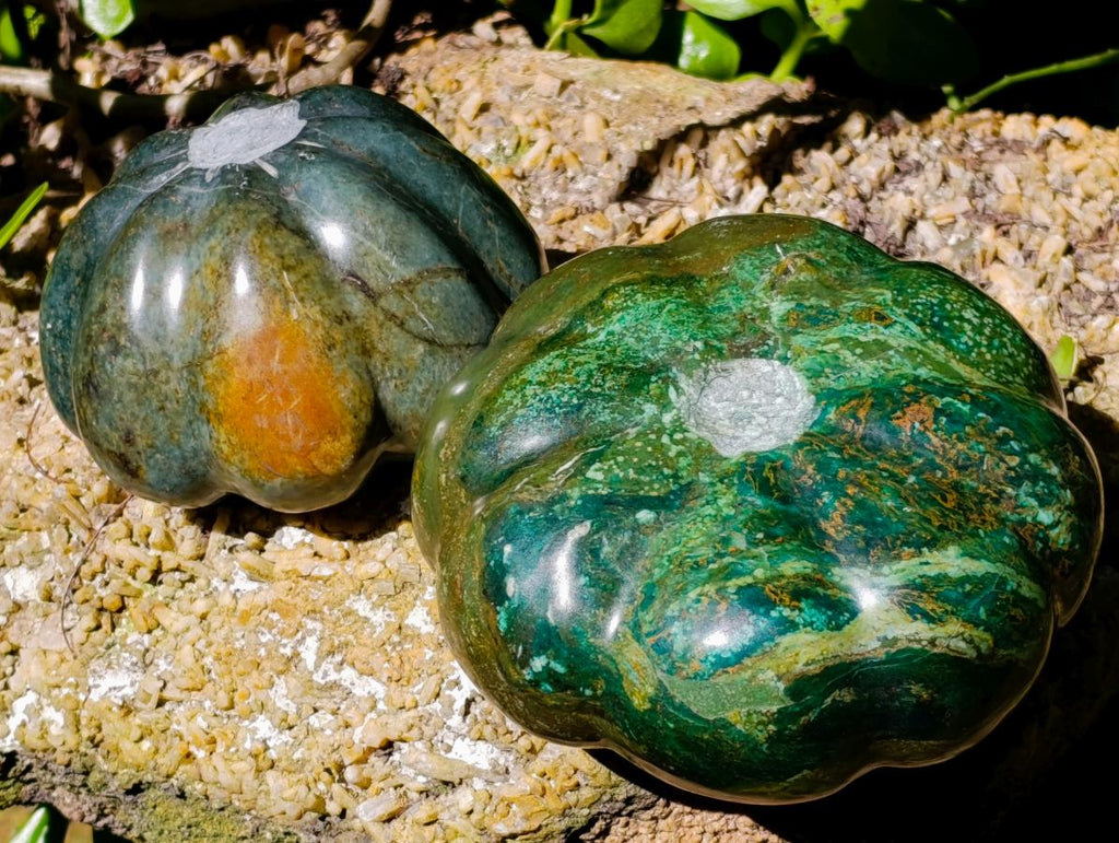 Hand Made Verdite Pumpkins Carvings x 2 From Zimbabwe - Toprock Gemstones and Minerals 