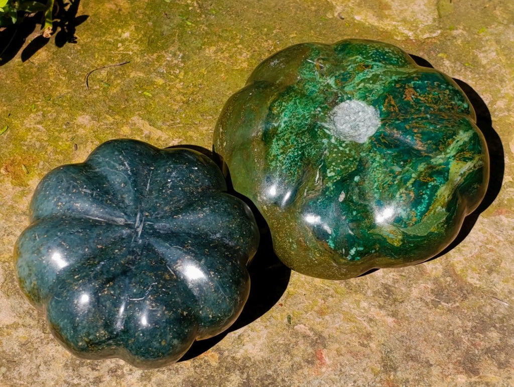 Hand Made Verdite Pumpkins Carvings x 2 From Zimbabwe - Toprock Gemstones and Minerals 