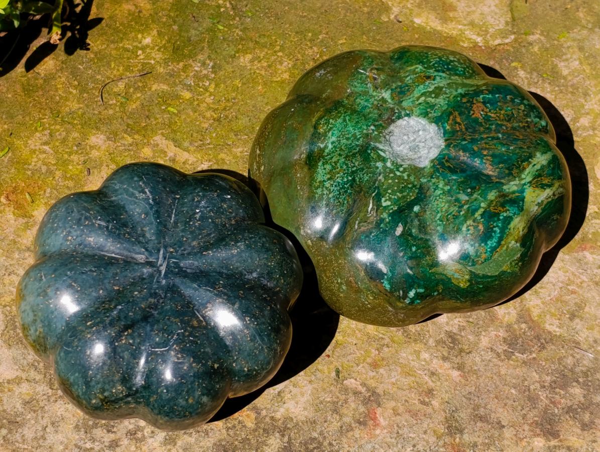 Hand Made Verdite Pumpkins Carvings x 2 From Zimbabwe - Toprock Gemstones and Minerals 
