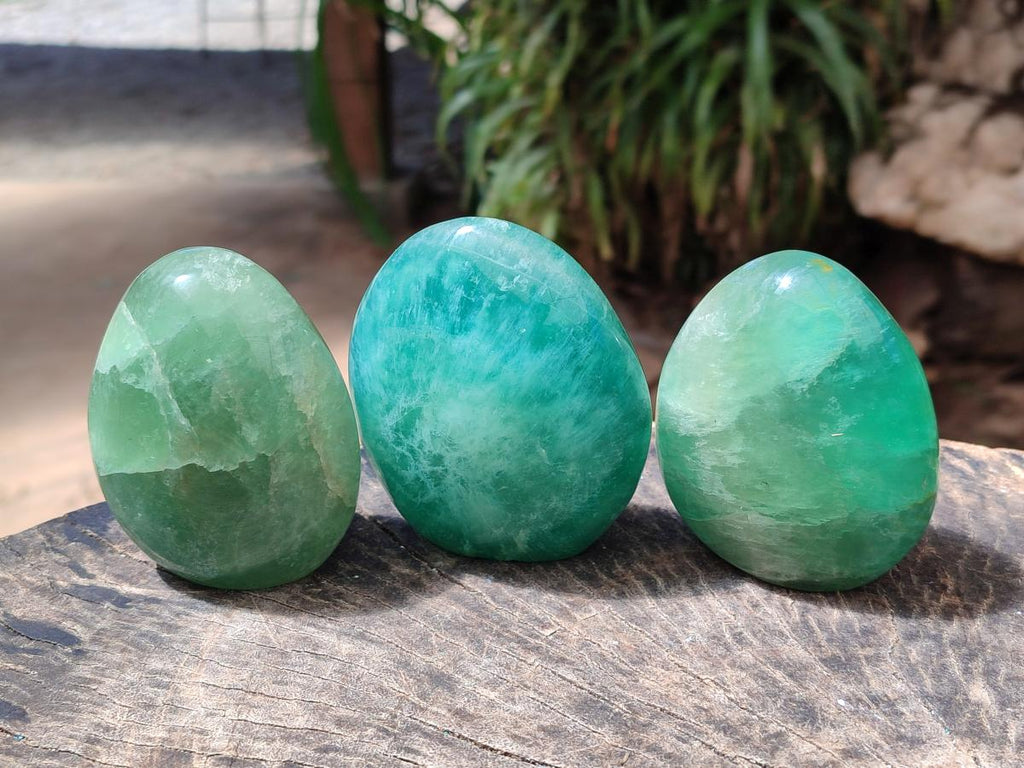 Polished Green Fluorite Standing Free Forms x 3 From Madagascar - Toprock Gemstones and Minerals 