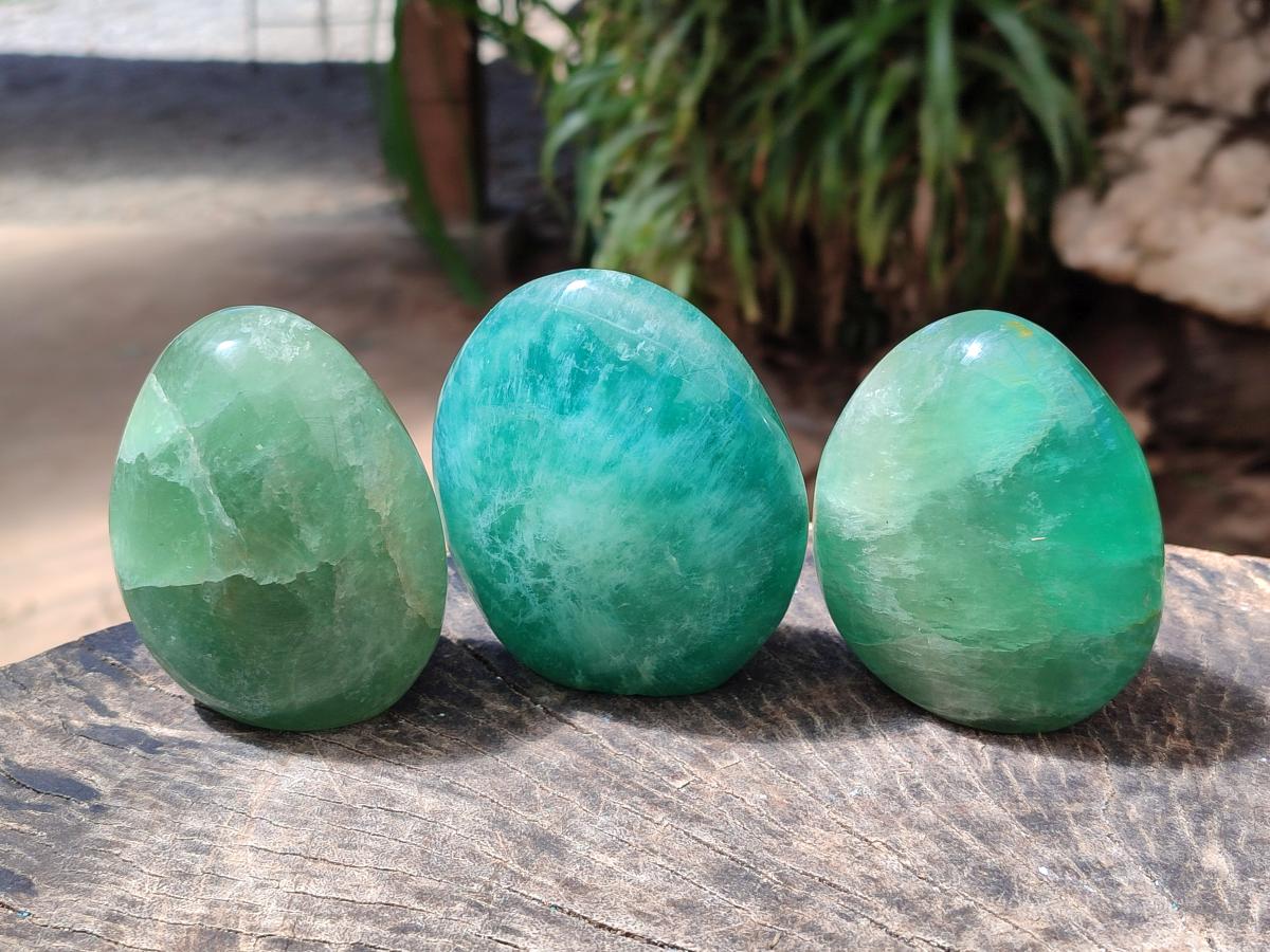 Polished Green Fluorite Standing Free Forms x 3 From Madagascar - Toprock Gemstones and Minerals 