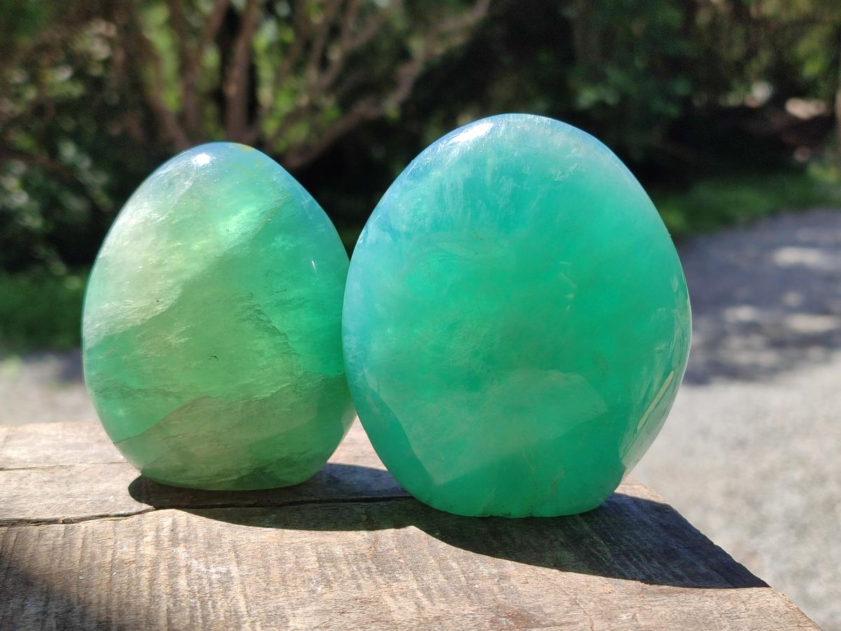 Polished Green Fluorite Standing Free Forms x 3 From Madagascar - Toprock Gemstones and Minerals 