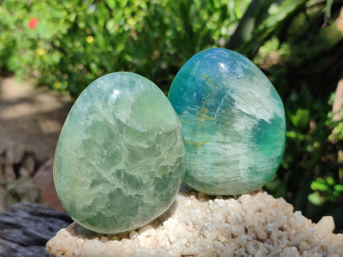 Polished Green Fluorite Standing Free Forms x 3 From Madagascar - Toprock Gemstones and Minerals 