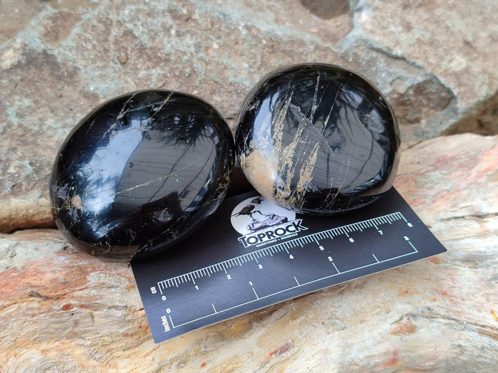 Polished Black Tourmaline Galets x 12 From Madagascar - Toprock Gemstones and Minerals 