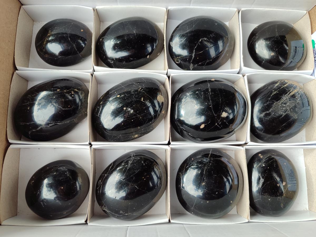 Polished Black Tourmaline Galets x 12 From Madagascar - Toprock Gemstones and Minerals 