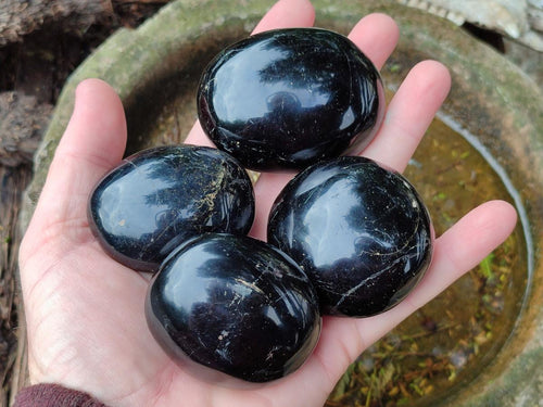 Polished Black Tourmaline Galets x 12 From Madagascar - Toprock Gemstones and Minerals 