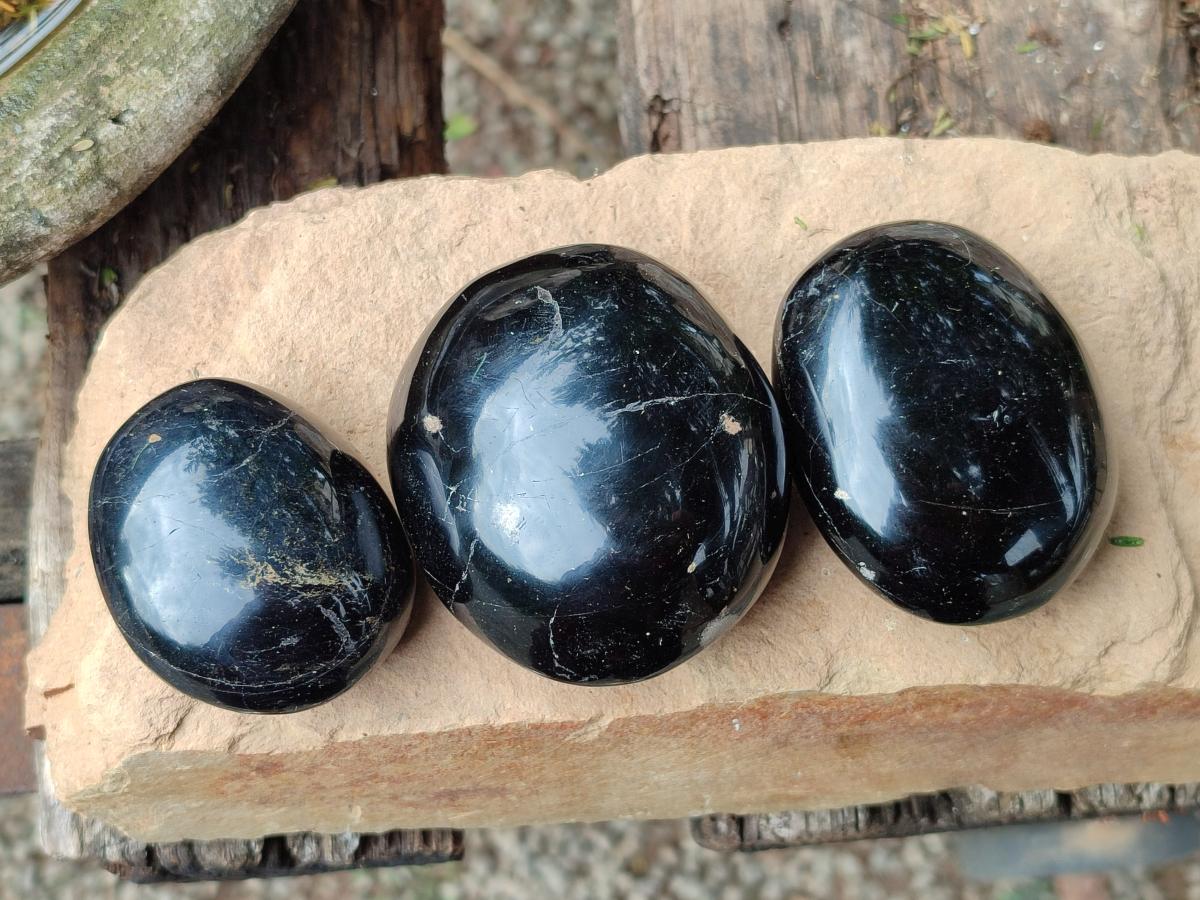 Polished Black Tourmaline Galets x 12 From Madagascar - Toprock Gemstones and Minerals 