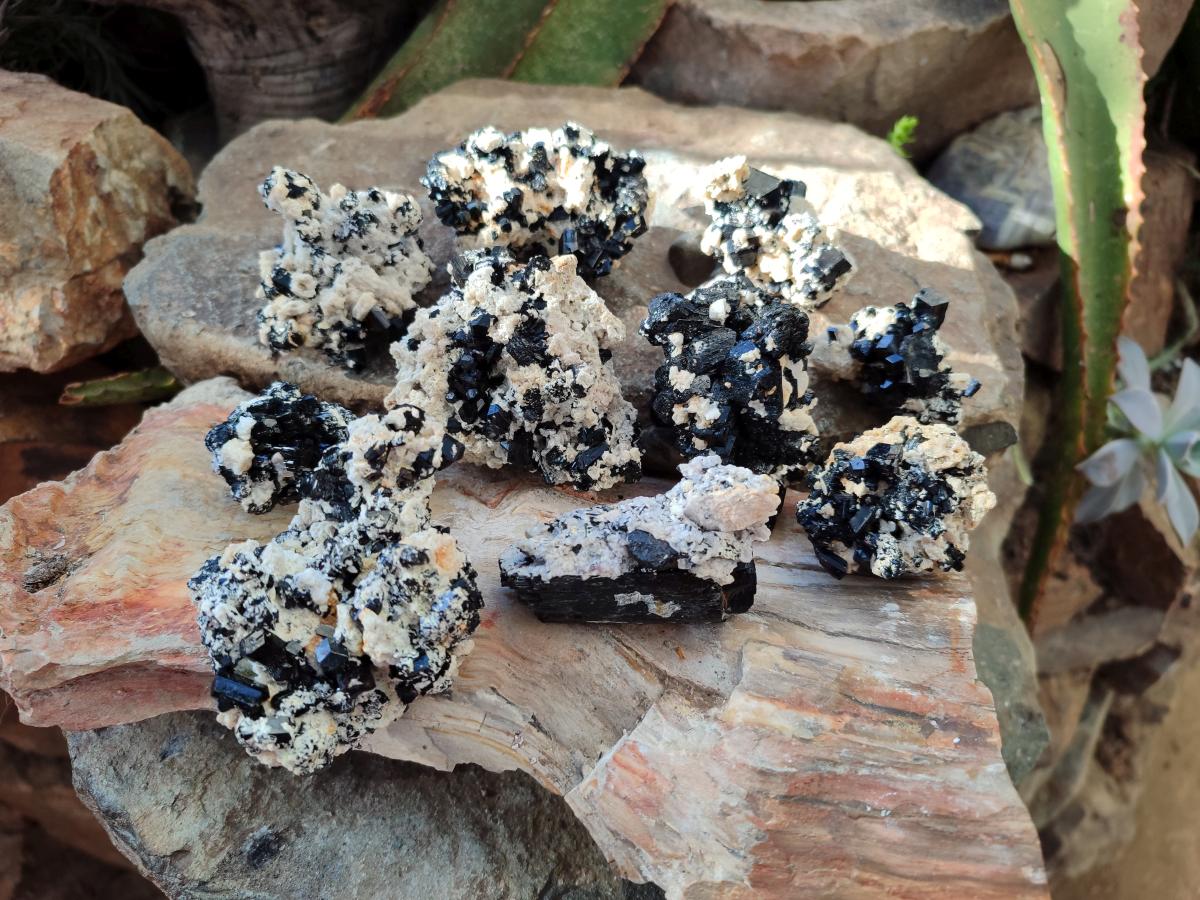 Natural Schorl Black Tourmaline with Feldspar and Hyalite Opal x 12 From Erongo, Namibia - Toprock Gemstones and Minerals 
