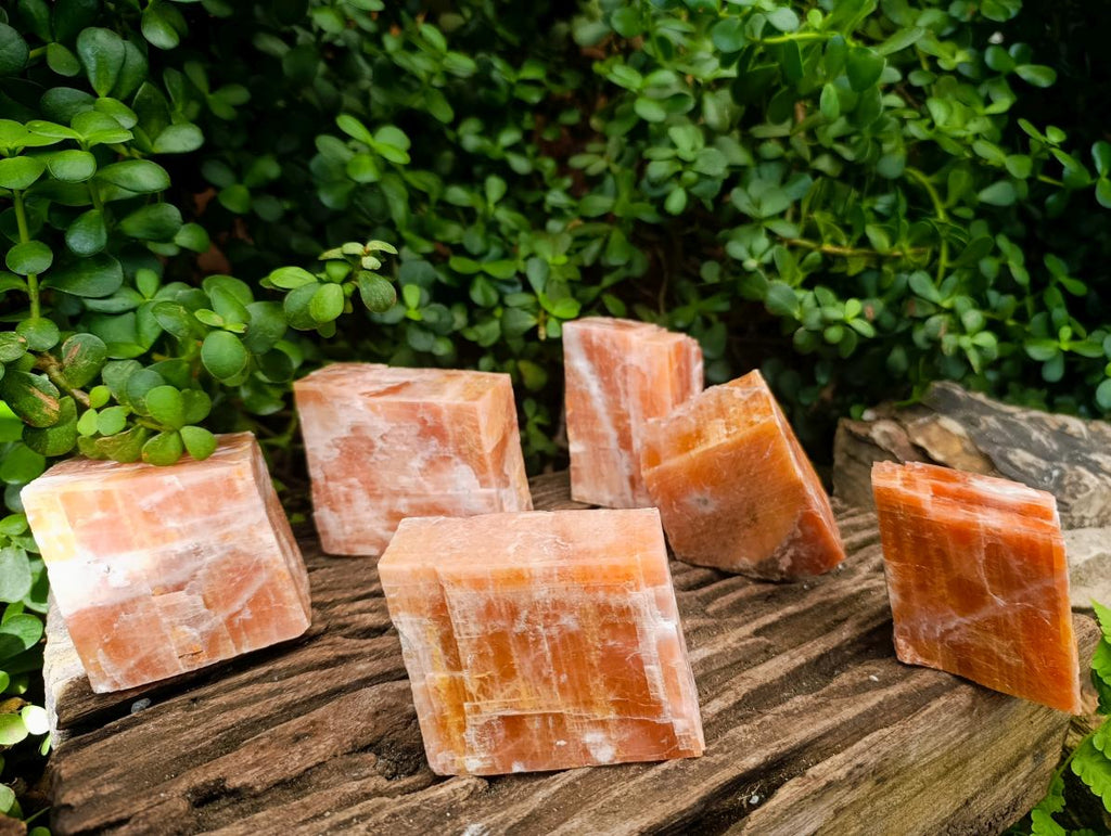 Natural Rhombohedral Sunset Orange Calcite Specimens x 6 From Spitzkop, Namibia - Toprock Gemstones and Minerals 