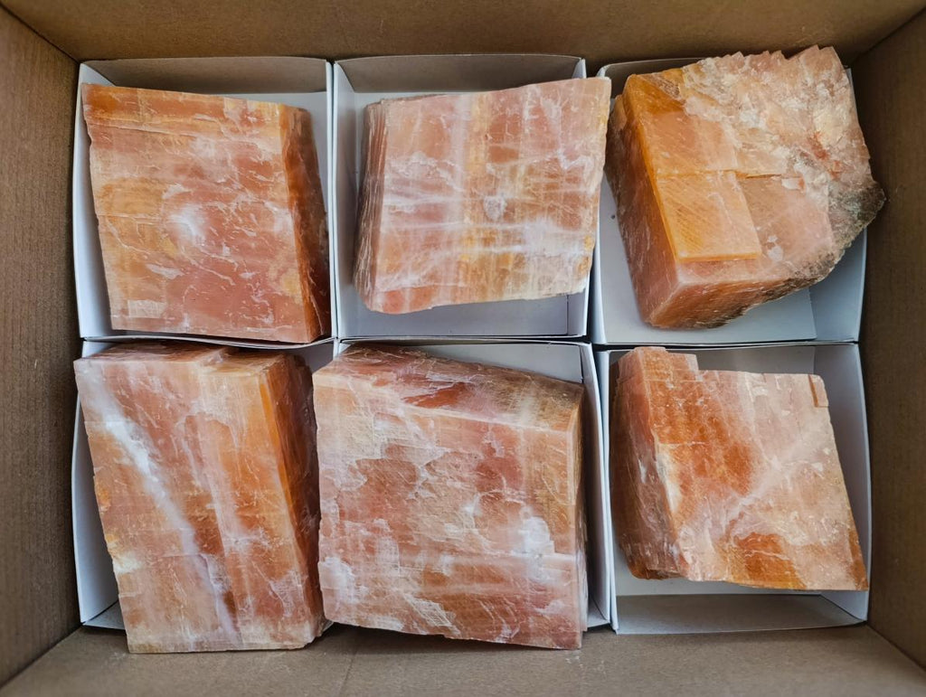 Natural Rhombohedral Sunset Orange Calcite Specimens x 6 From Spitzkop, Namibia - Toprock Gemstones and Minerals 