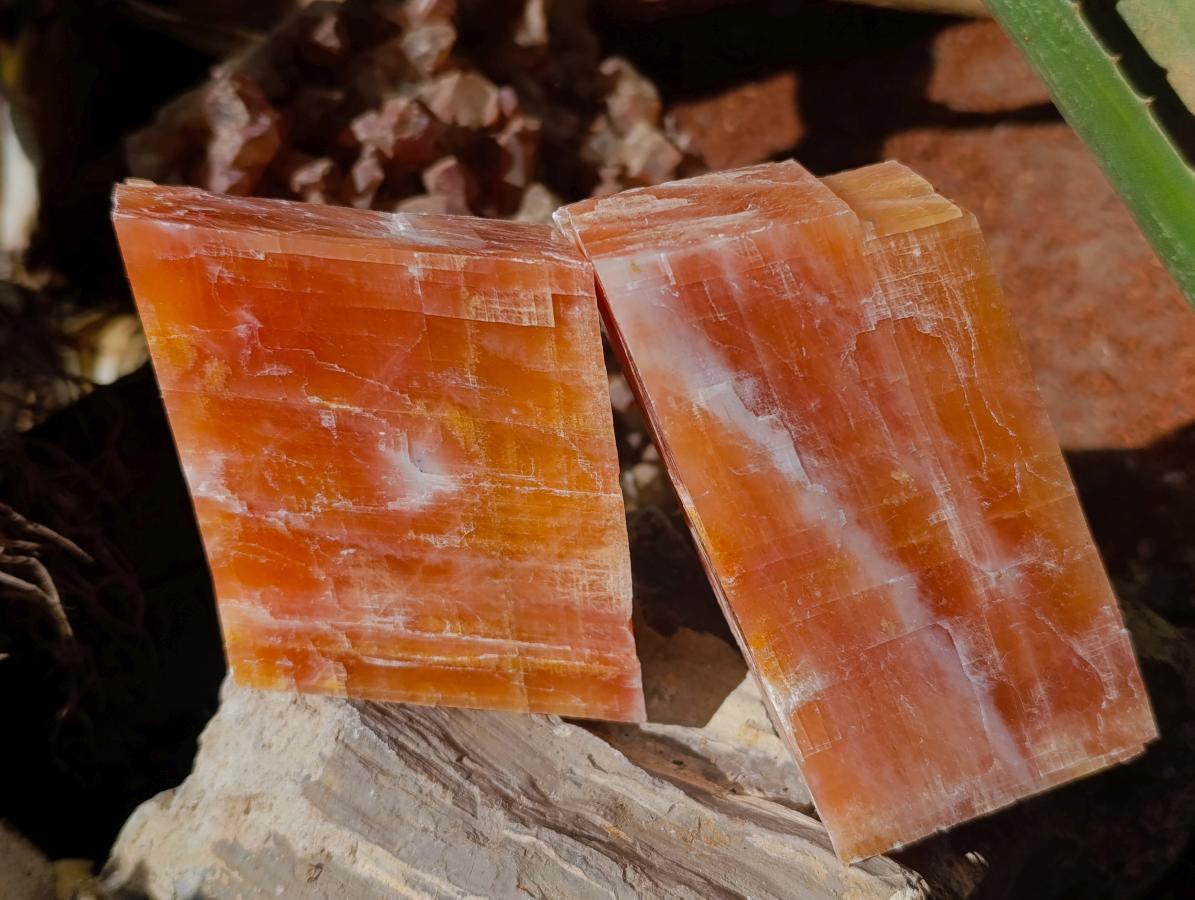 Natural Rhombohedral Sunset Orange Calcite Specimens x 6 From Spitzkop, Namibia - Toprock Gemstones and Minerals 