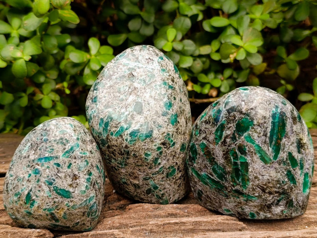 Polished Emerald Mica 'Mutokolite' Standing Free Forms x 3 From Mutoko, Zimbabwe - Toprock Gemstones and Minerals 