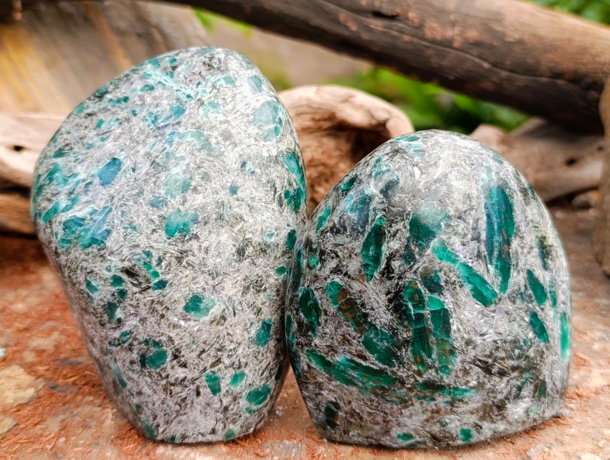 Polished Emerald Mica 'Mutokolite' Standing Free Forms x 3 From Mutoko, Zimbabwe - Toprock Gemstones and Minerals 