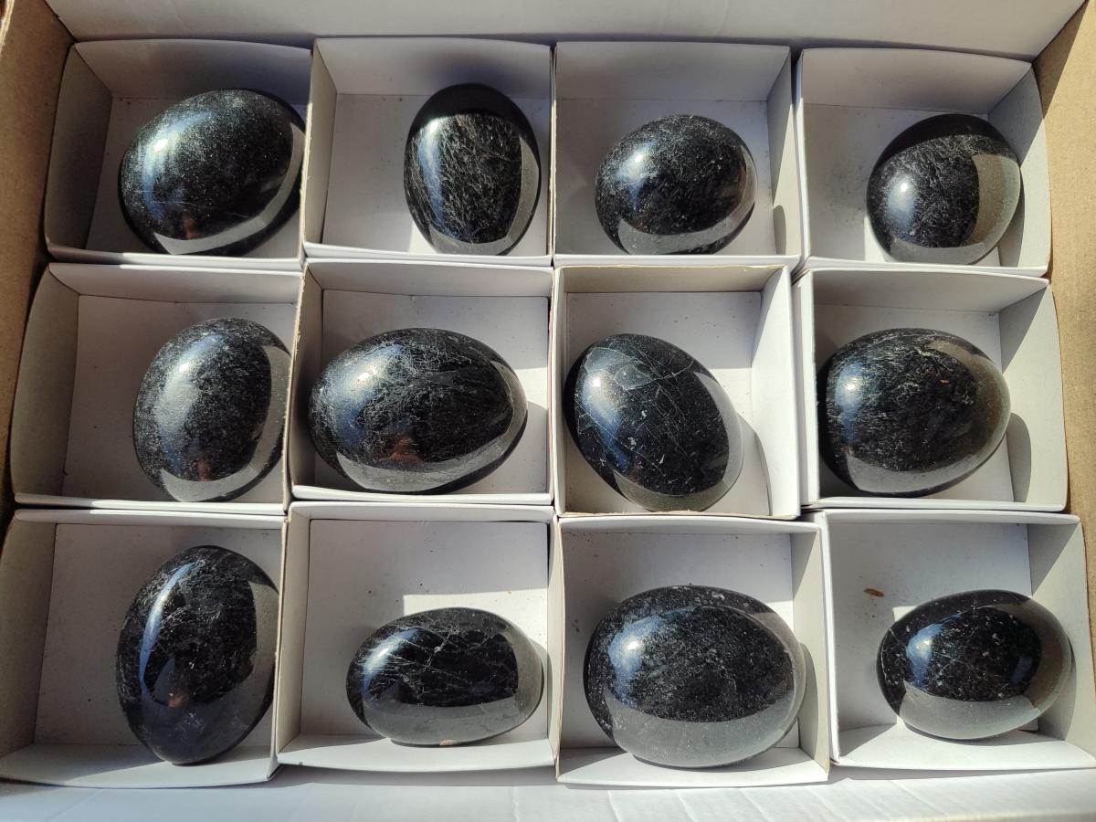 Polished Black Tourmaline Galets x 12 From Madagascar - Toprock Gemstones and Minerals 