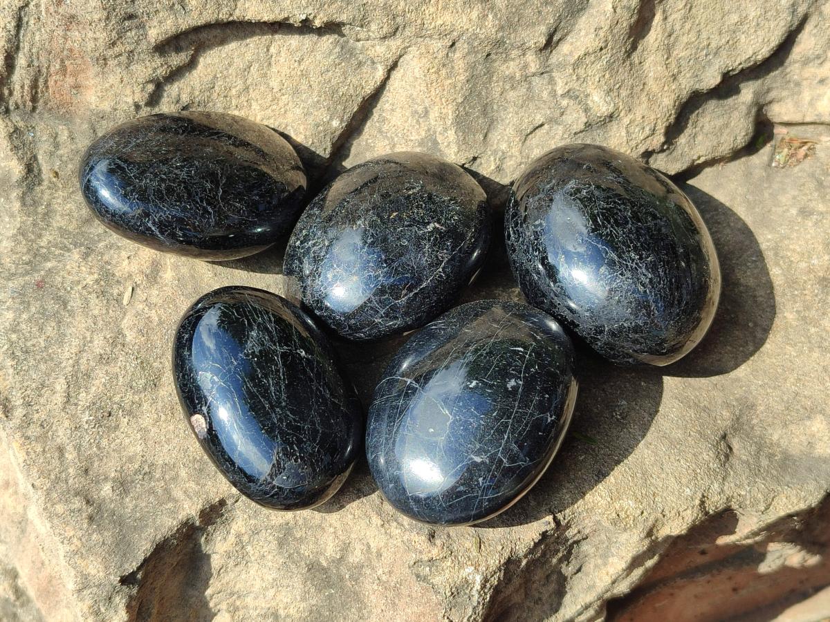 Polished Black Tourmaline Galets x 12 From Madagascar - Toprock Gemstones and Minerals 