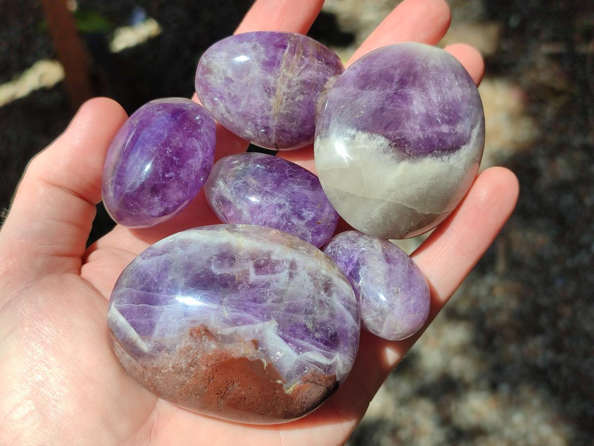 Polished Chevron Amethyst Galets x 24 From Madagascar - Toprock Gemstones and Minerals 