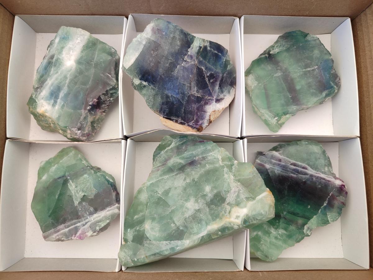 Polished On One Side Watermelon Fluorite Specimens x 6 From Uis, Namibia - Toprock Gemstones and Minerals 