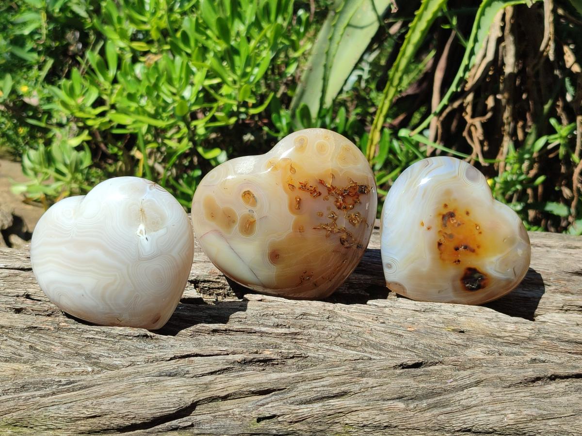 Polished Banded Agate Hearts x 3 From Madagascar - Toprock Gemstones and Minerals 