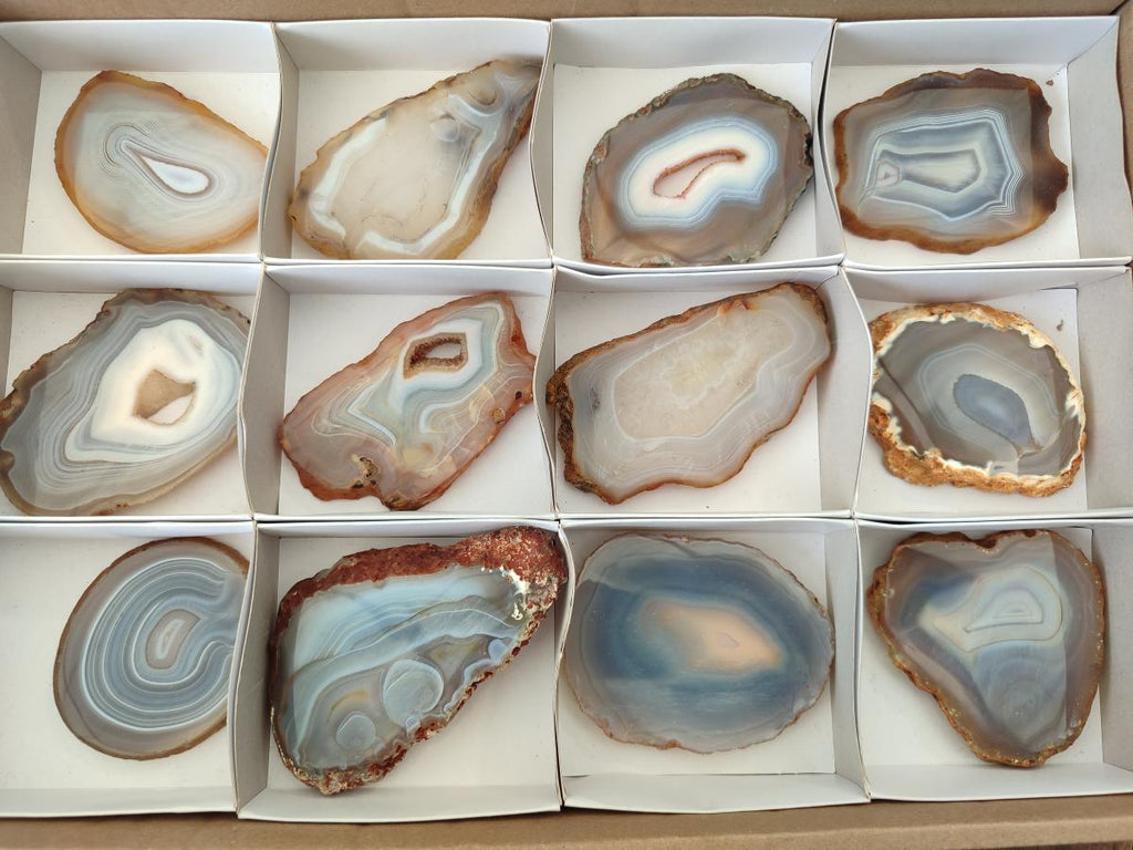 Polished Banded Agate Slices x 12 From Madagascar - Toprock Gemstones and Minerals 