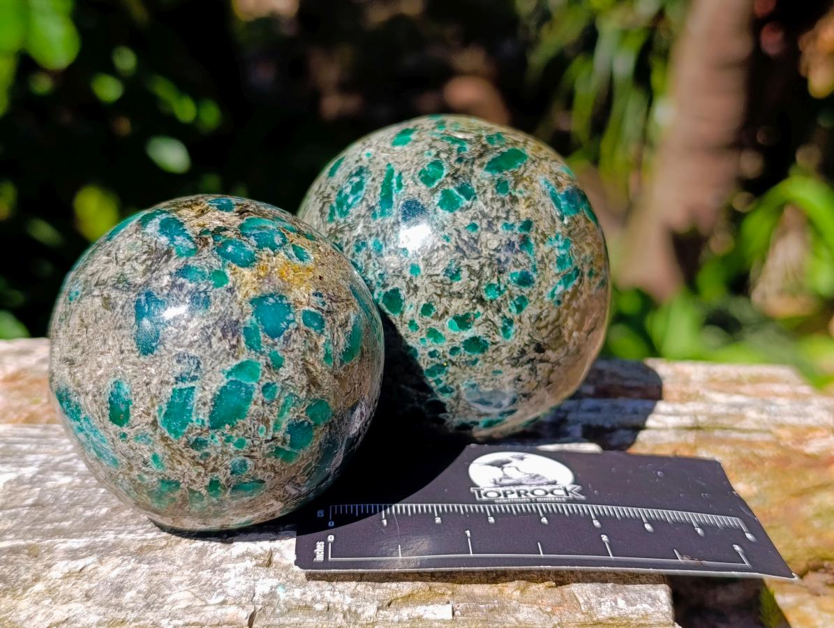 Polished Emerald Mica 'Mutokolite' Spheres x 2 From Mutoko, Zimbabwe - Toprock Gemstones and Minerals 