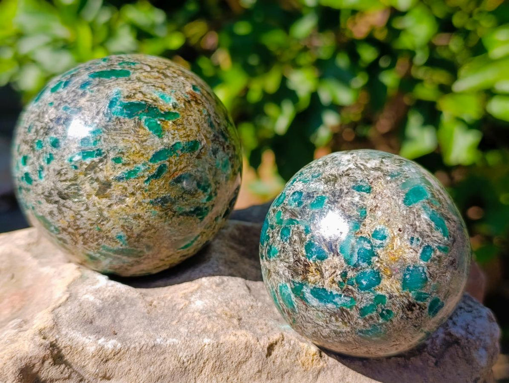 Polished Emerald Mica 'Mutokolite' Spheres x 2 From Mutoko, Zimbabwe - Toprock Gemstones and Minerals 