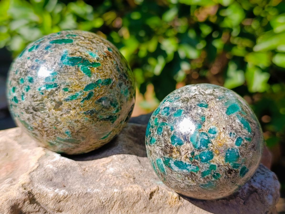 Polished Emerald Mica 'Mutokolite' Spheres x 2 From Mutoko, Zimbabwe - Toprock Gemstones and Minerals 