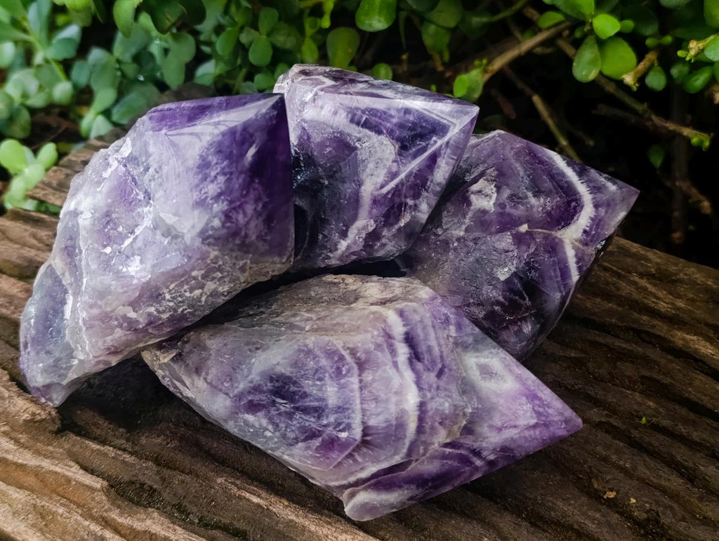 Polished Chevron Amethyst Witches Hat Crystals x 4 From Zambia - Toprock Gemstones and Minerals 