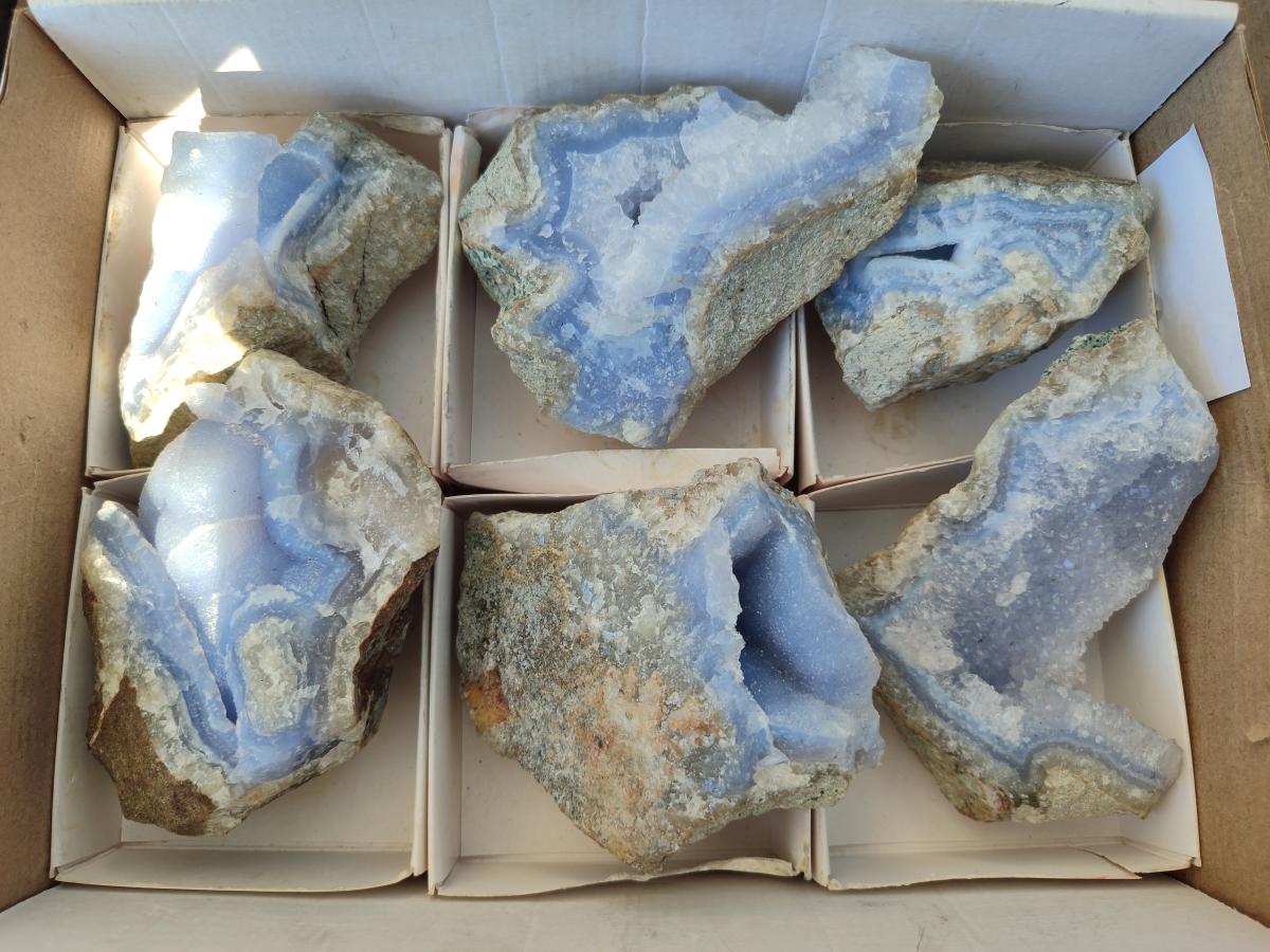 Natural Blue Lace Agate Geode Specimens x 6 From Nsanje, Malawi - Toprock Gemstones and Minerals 