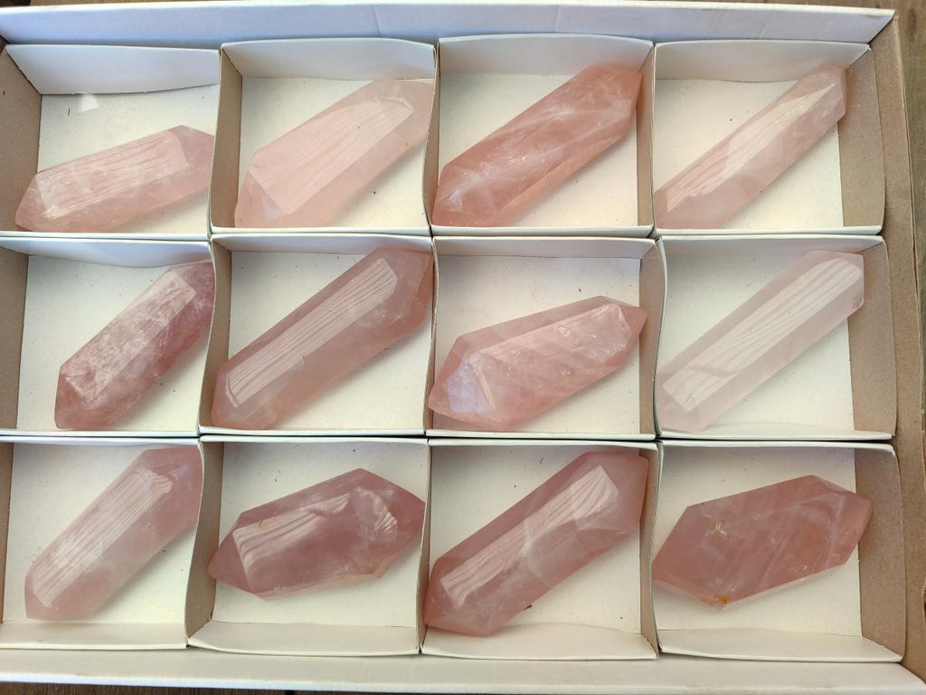 Polished Double Terminated Gemmy Rose Quartz Crystals x 12 From Madagascar - Toprock Gemstones and Minerals 
