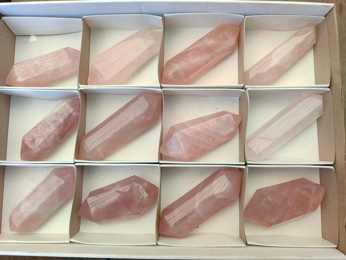 Polished Double Terminated Gemmy Rose Quartz Crystals x 12 From Madagascar - Toprock Gemstones and Minerals 