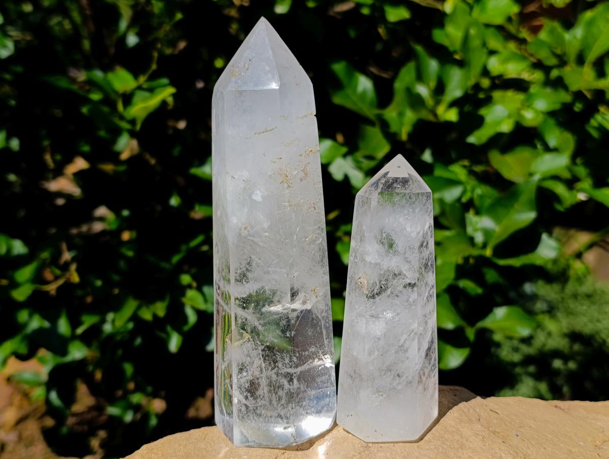 Polished Clear Quartz Crystals and Window Amethyst x 3 From Madagascar - Toprock Gemstones and Minerals 