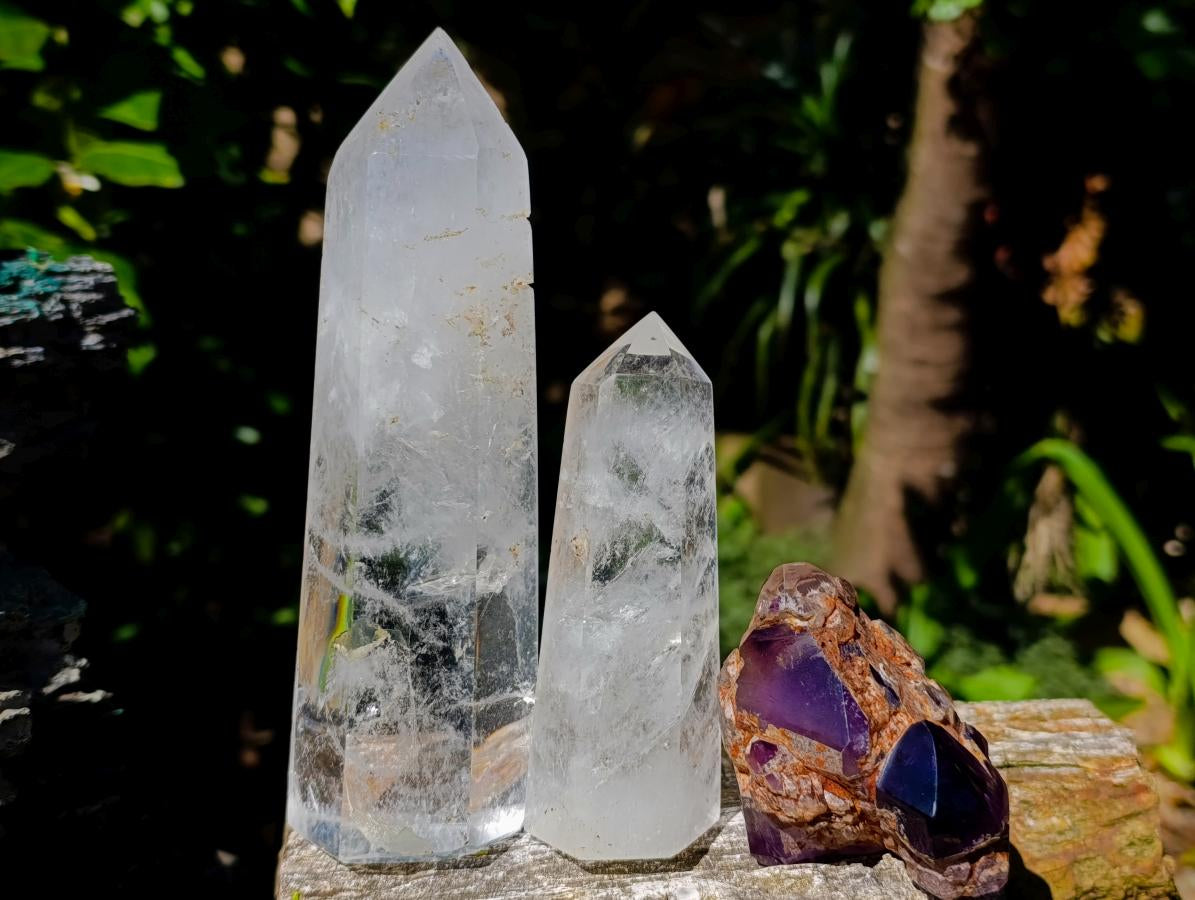 Polished Clear Quartz Crystals and Window Amethyst x 3 From Madagascar - Toprock Gemstones and Minerals 