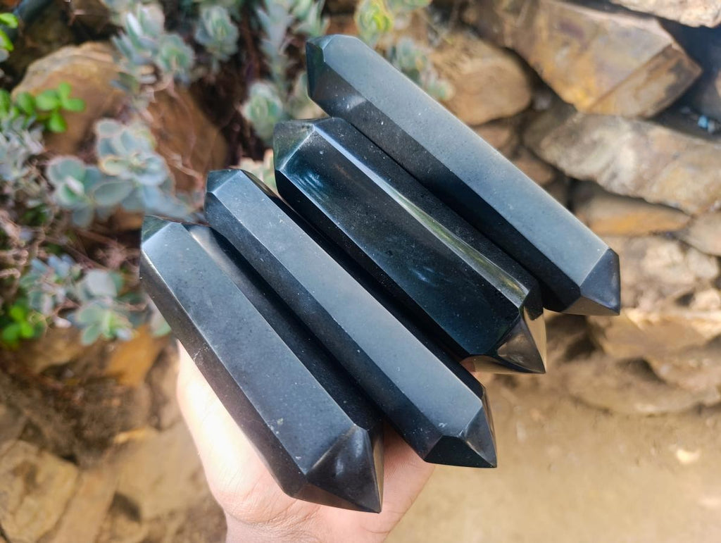 Polished Double Terminated Black Basalt Crystals x 6 From Madagascar - Toprock Gemstones and Minerals 