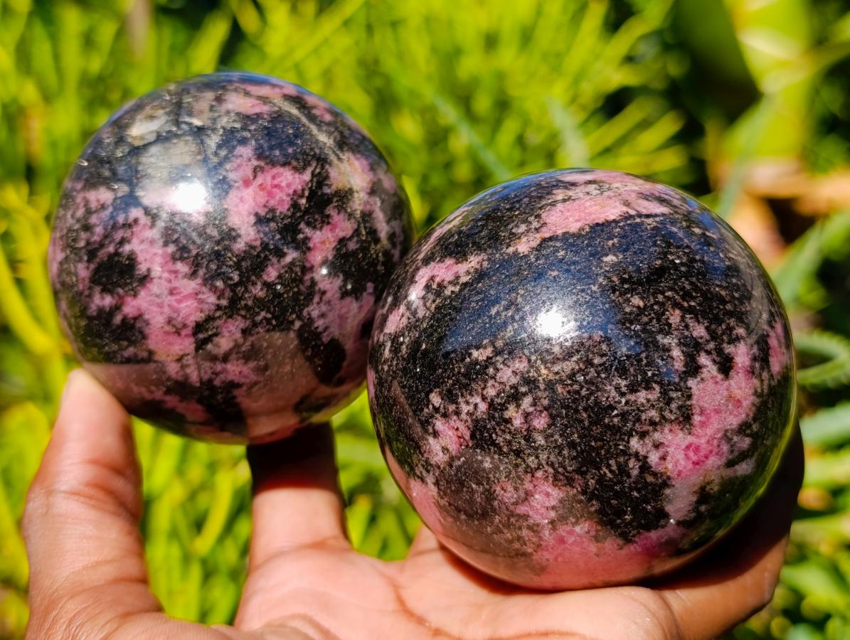 Polished Rhodonite Gemstone Spheres x 3 From Ambindavato, Madagascar - Toprock Gemstones and Minerals 