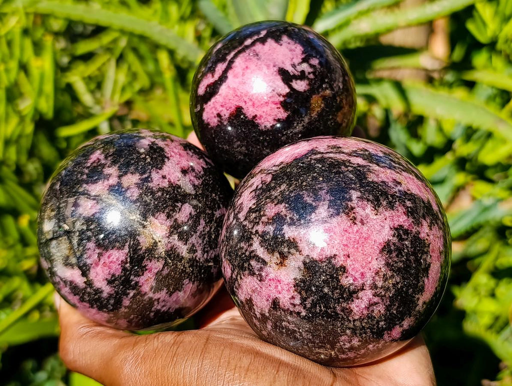 Polished Rhodonite Gemstone Spheres x 3 From Ambindavato, Madagascar - Toprock Gemstones and Minerals 