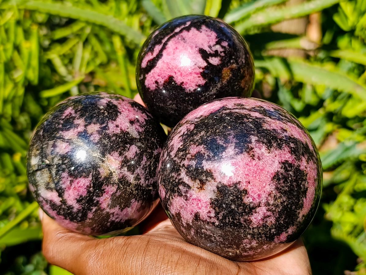 Polished Rhodonite Gemstone Spheres x 3 From Ambindavato, Madagascar - Toprock Gemstones and Minerals 