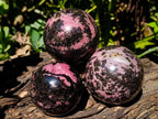 Polished Rhodonite Gemstone Spheres x 3 From Ambindavato, Madagascar - Toprock Gemstones and Minerals 