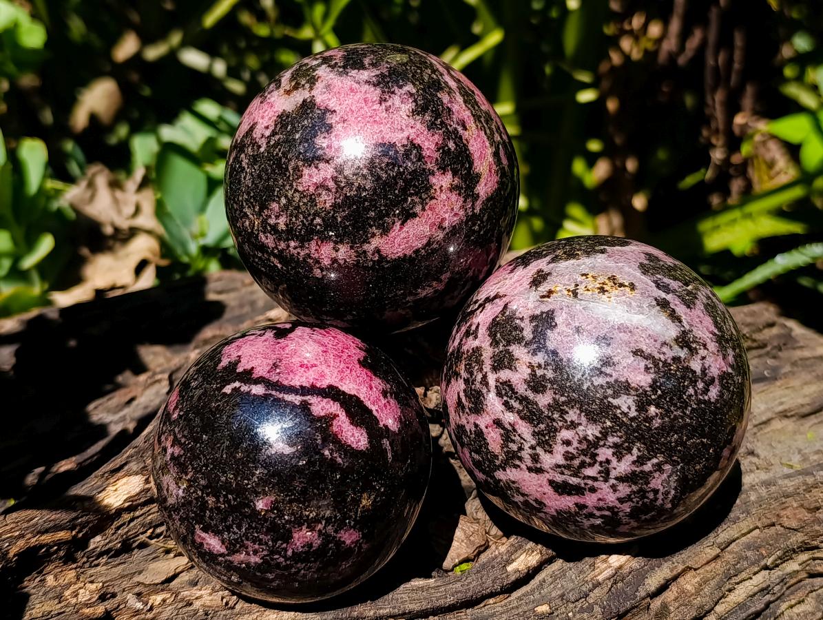 Polished Rhodonite Gemstone Spheres x 3 From Ambindavato, Madagascar - Toprock Gemstones and Minerals 