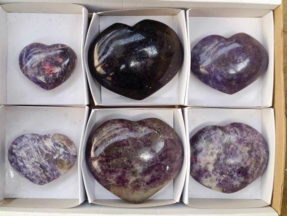 Polished Lepidolite Hearts x 6 From Ambatondrazaka, Madagascar - Toprock Gemstones and Minerals 