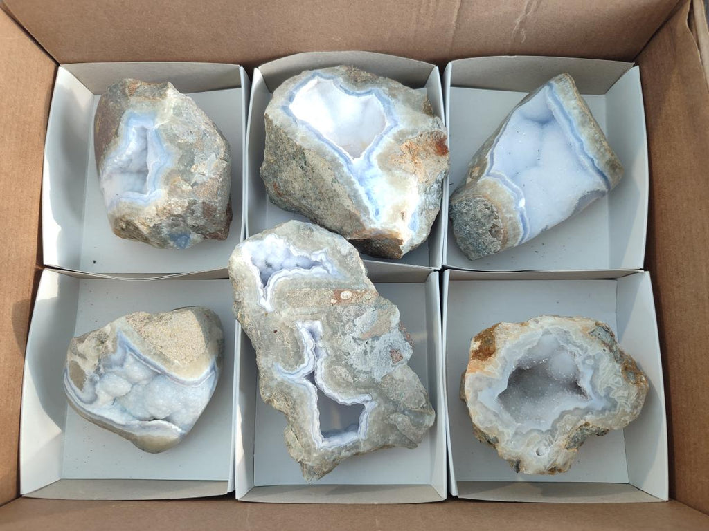 Polished Blue Lace Agate Geode Specimens x 6 From Nsanje, Malawi - Toprock Gemstones and Minerals 